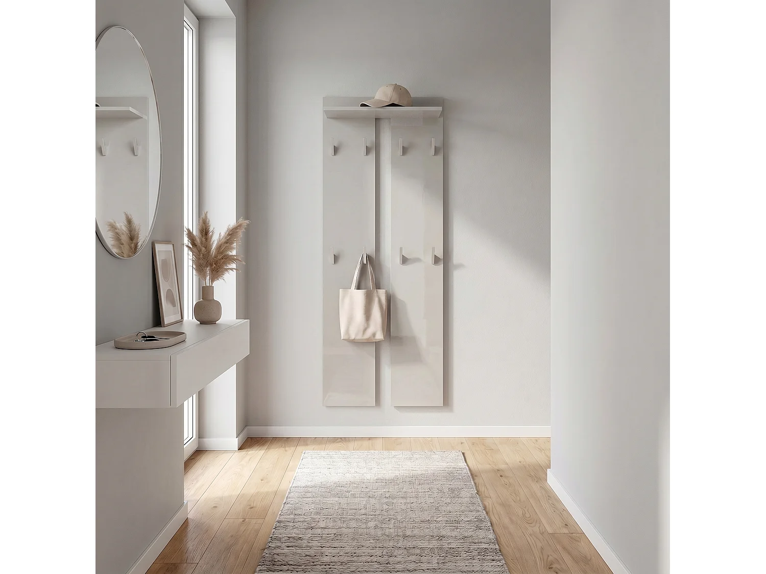 Panneau mural 170, Meuble porte-manteau composé de 2 panneaux et 1 étagère, gris sable haute brillance (57 x 170 x 20 cm)