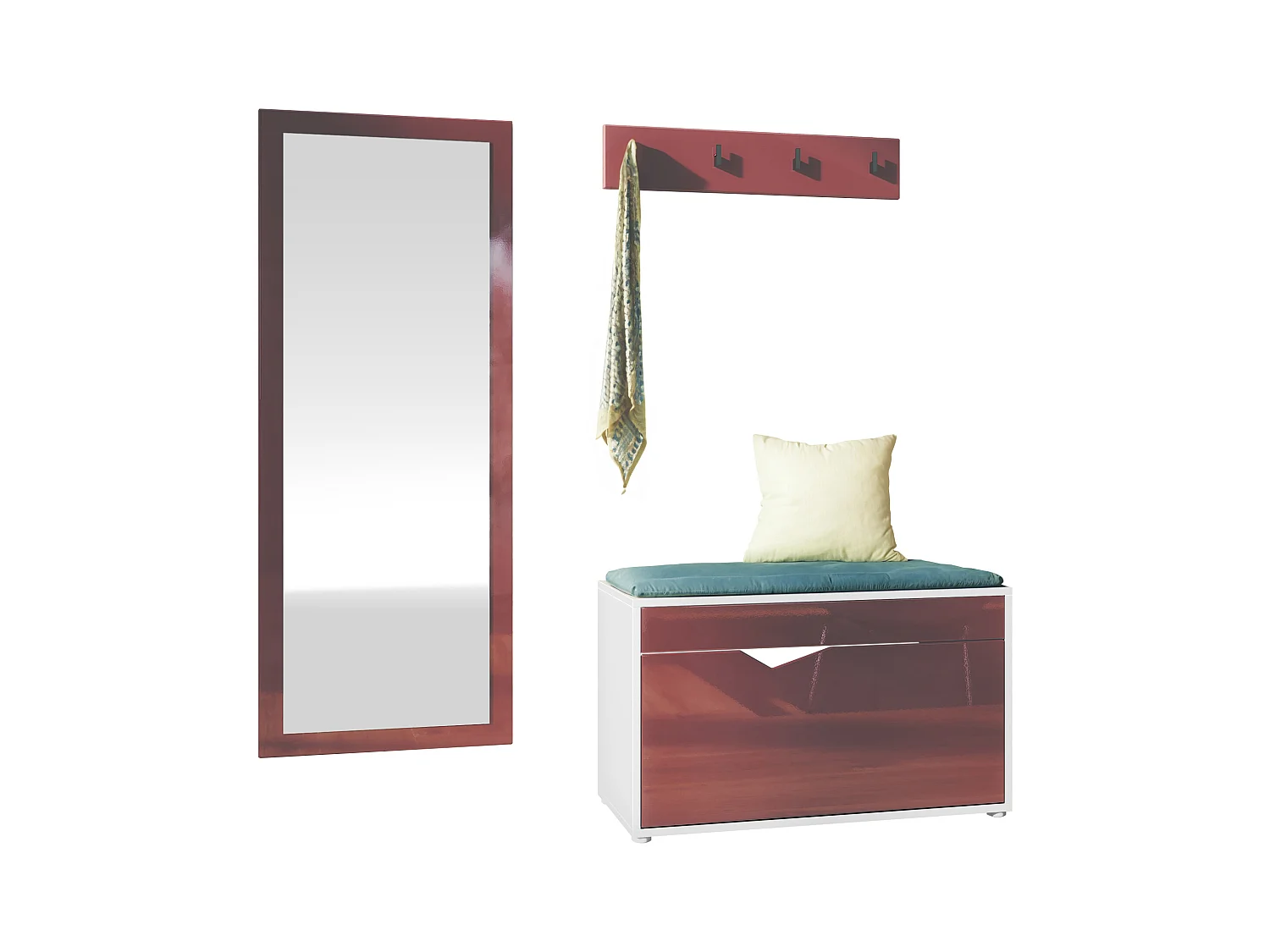 Ensemble Vestiaire Hanko : Comprend 1 Banc à Chaussures, 1 Porte-Manteau et 1 Miroir Murale, blanc mat/bordeaux haute brillance