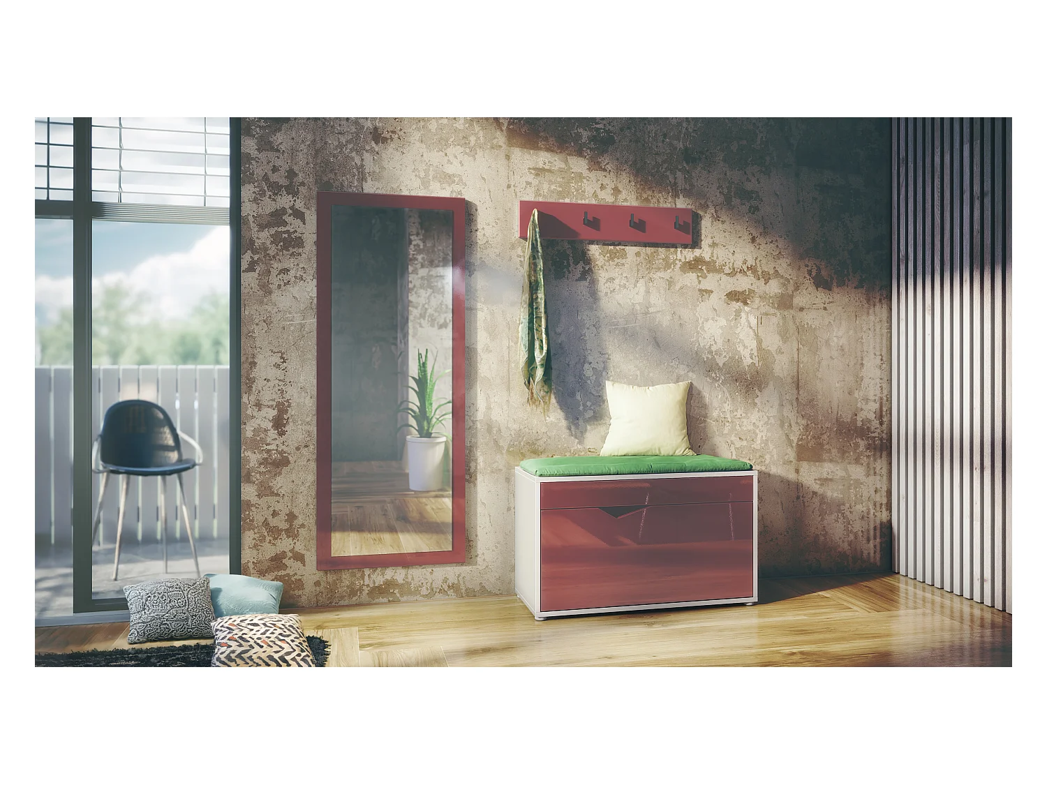 Ensemble Vestiaire Hanko : Comprend 1 Banc à Chaussures, 1 Porte-Manteau et 1 Miroir Murale, blanc mat/bordeaux haute brillance