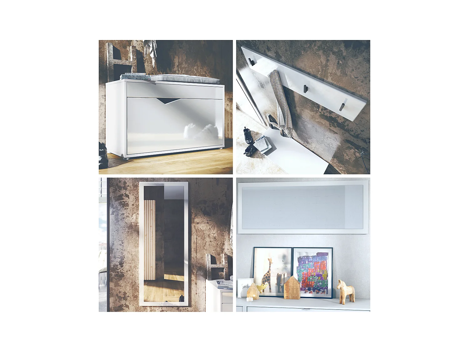 Ensemble Vestiaire Hanko : Comprend 1 Banc à Chaussures, 1 Porte-Manteau et 1 Miroir Murale, blanc mat/bordeaux haute brillance