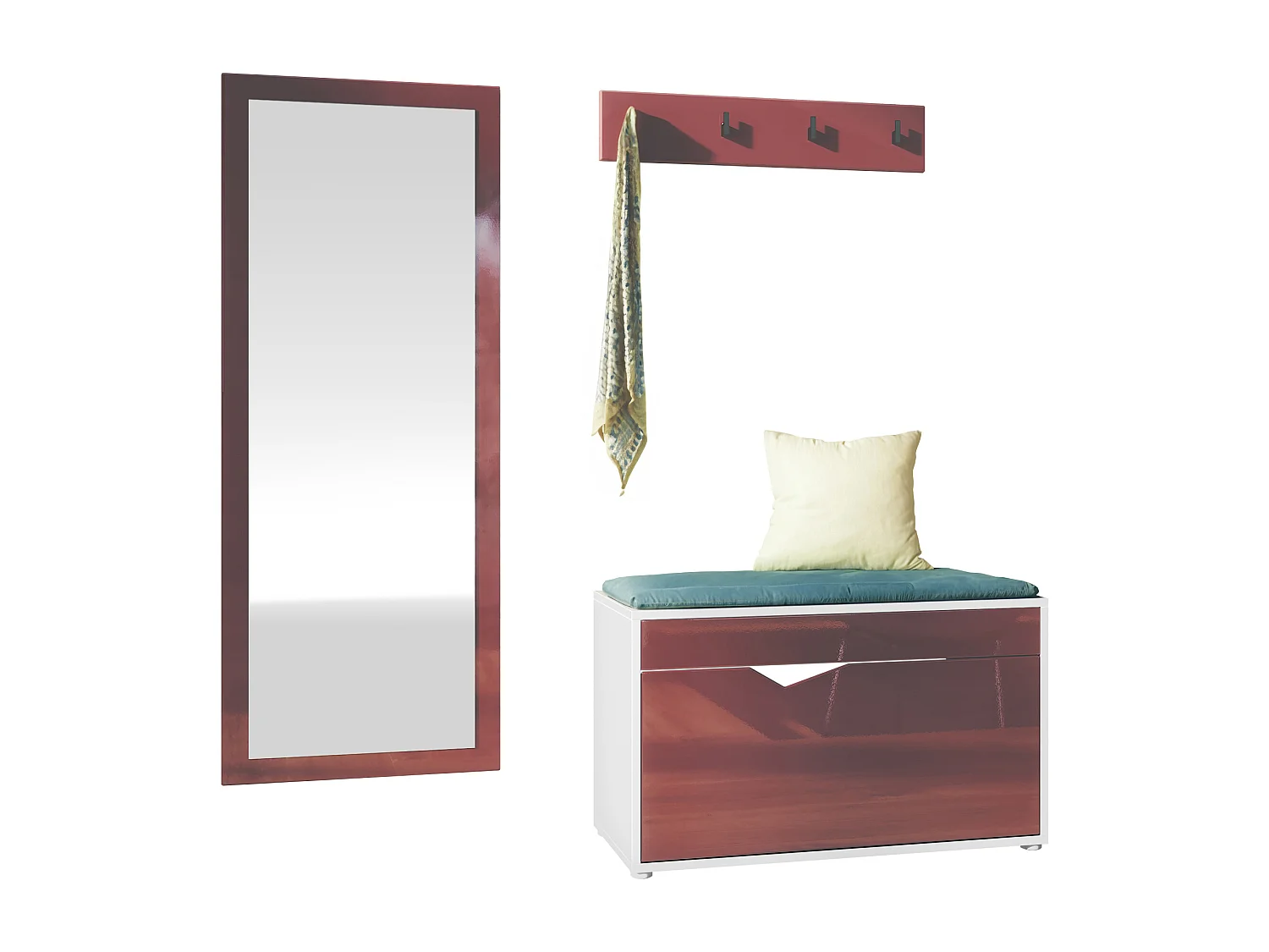 Ensemble Vestiaire Hanko : Comprend 1 Banc à Chaussures, 1 Porte-Manteau et 1 Miroir Murale, blanc mat/bordeaux haute brillance