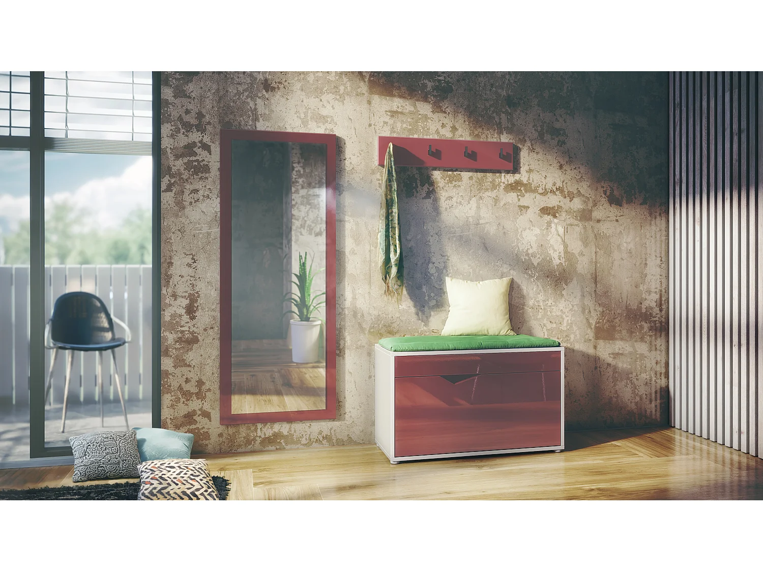 Ensemble Vestiaire Hanko : Comprend 1 Banc à Chaussures, 1 Porte-Manteau et 1 Miroir Murale, blanc mat/bordeaux haute brillance