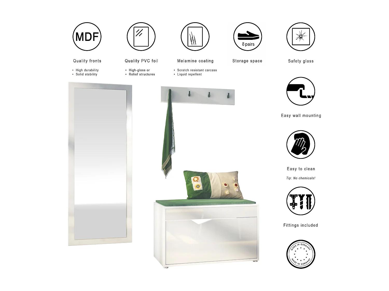 Ensemble Vestiaire Hanko : Comprend 1 Banc à Chaussures, 1 Porte-Manteau et 1 Miroir Murale, blanc mat/bordeaux haute brillance