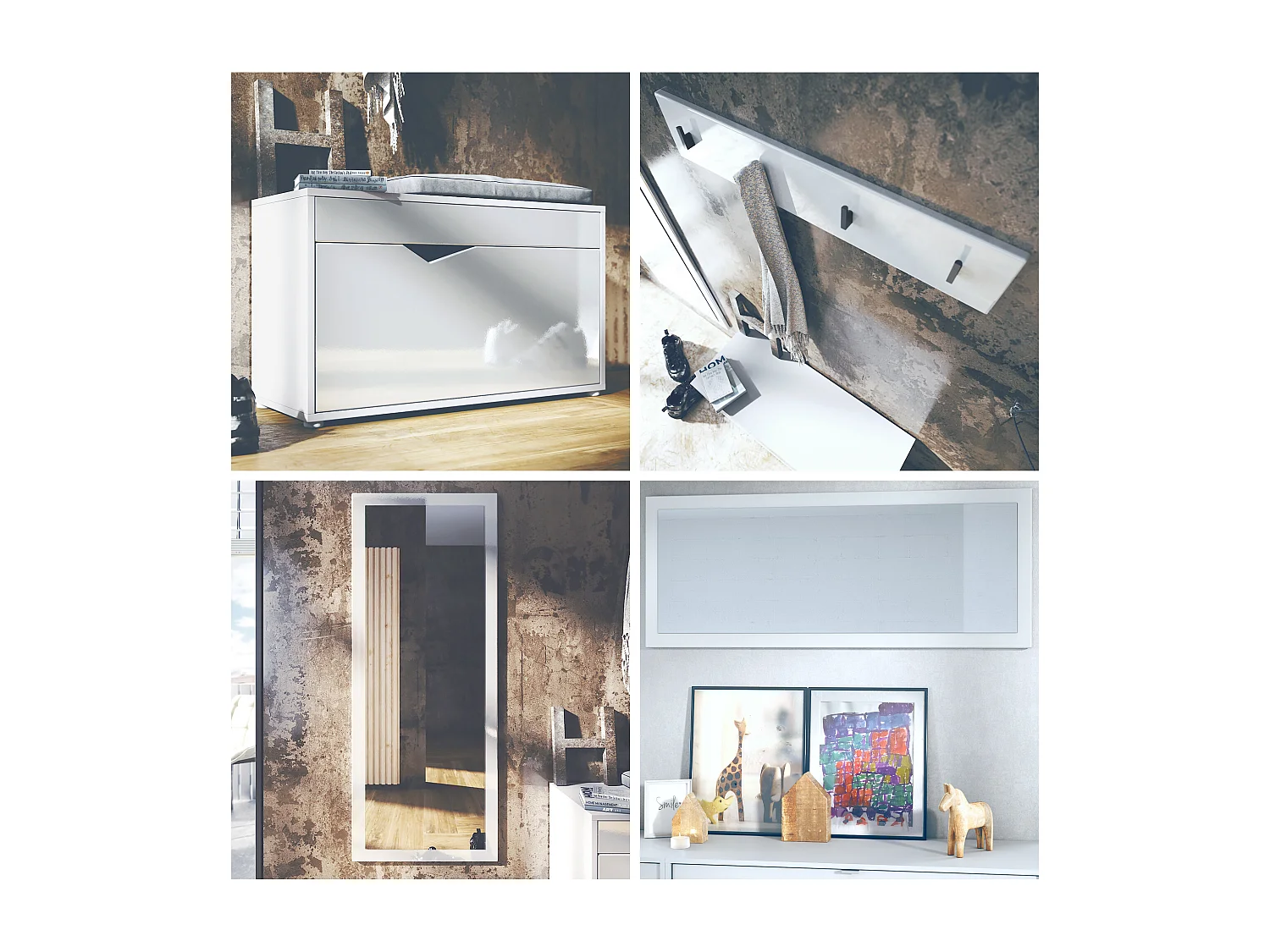 Ensemble Vestiaire Hanko : Comprend 1 Banc à Chaussures, 1 Porte-Manteau et 1 Miroir Murale, blanc mat/bordeaux haute brillance