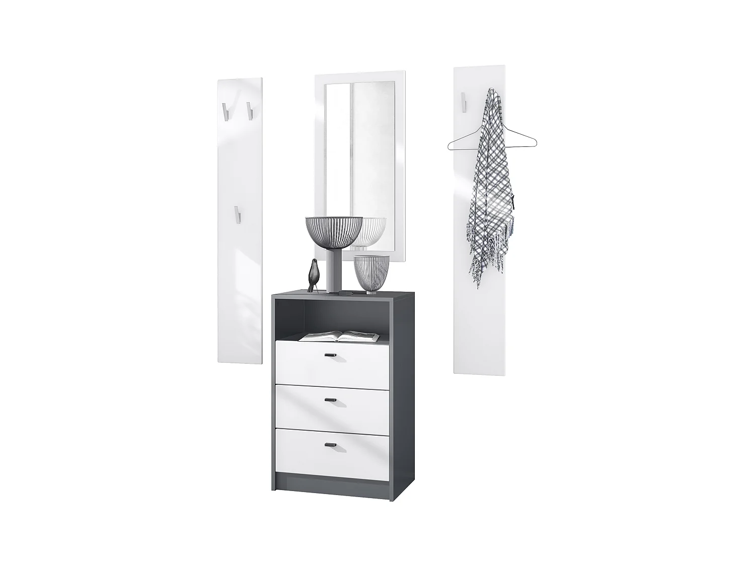 Ensemble de vestiaires Pino V2, 2 Panneaux muraux 140 cm et buffet avec 2 tiroirs & 1 compartiment ouvert, anthracite mat/blanc mat (56 x 67,5 x 36 cm)