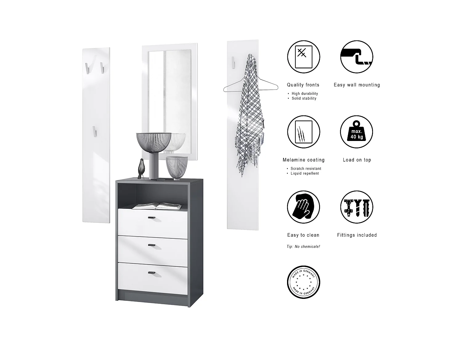 Ensemble de vestiaires Pino V2, 2 Panneaux muraux 140 cm et buffet avec 2 tiroirs & 1 compartiment ouvert, anthracite mat/blanc mat (56 x 67,5 x 36 cm)