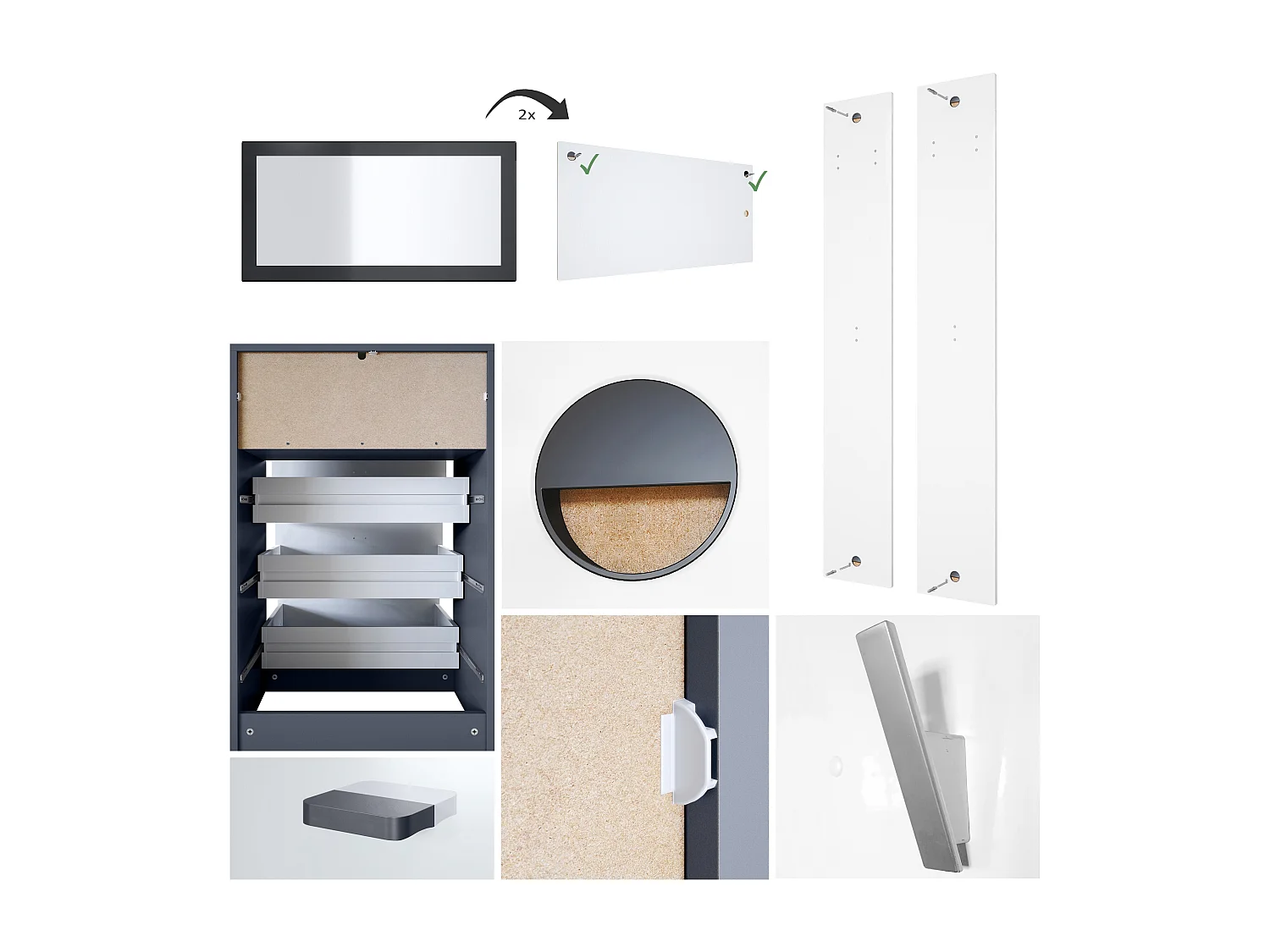 Ensemble de vestiaires Pino V2, 2 Panneaux muraux 140 cm et buffet avec 2 tiroirs & 1 compartiment ouvert, anthracite mat/blanc mat (56 x 67,5 x 36 cm)