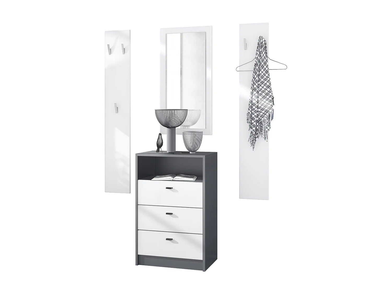 Ensemble de vestiaires Pino V2, 2 Panneaux muraux 140 cm et buffet avec 2 tiroirs & 1 compartiment ouvert, anthracite mat/blanc mat (56 x 67,5 x 36 cm)
