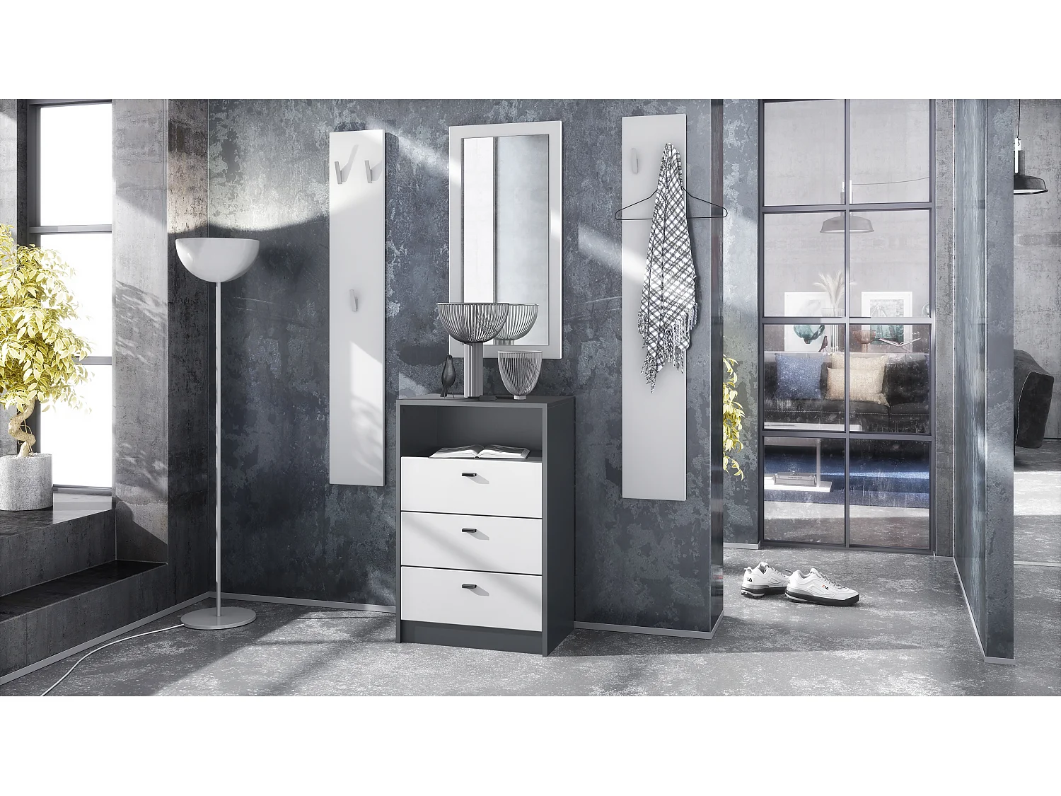 Ensemble de vestiaires Pino V2, 2 Panneaux muraux 140 cm et buffet avec 2 tiroirs & 1 compartiment ouvert, anthracite mat/blanc mat (56 x 67,5 x 36 cm)