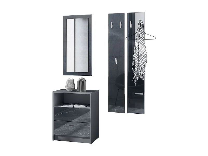 Ensemble de vestiaires Pino V1, 2 Panneaux muraux 140 cm et buffet avec 2 tiroirs & 1 compartiment ouvert, anthracite mat/noir brillant (56 x 67,5 x 36 cm)