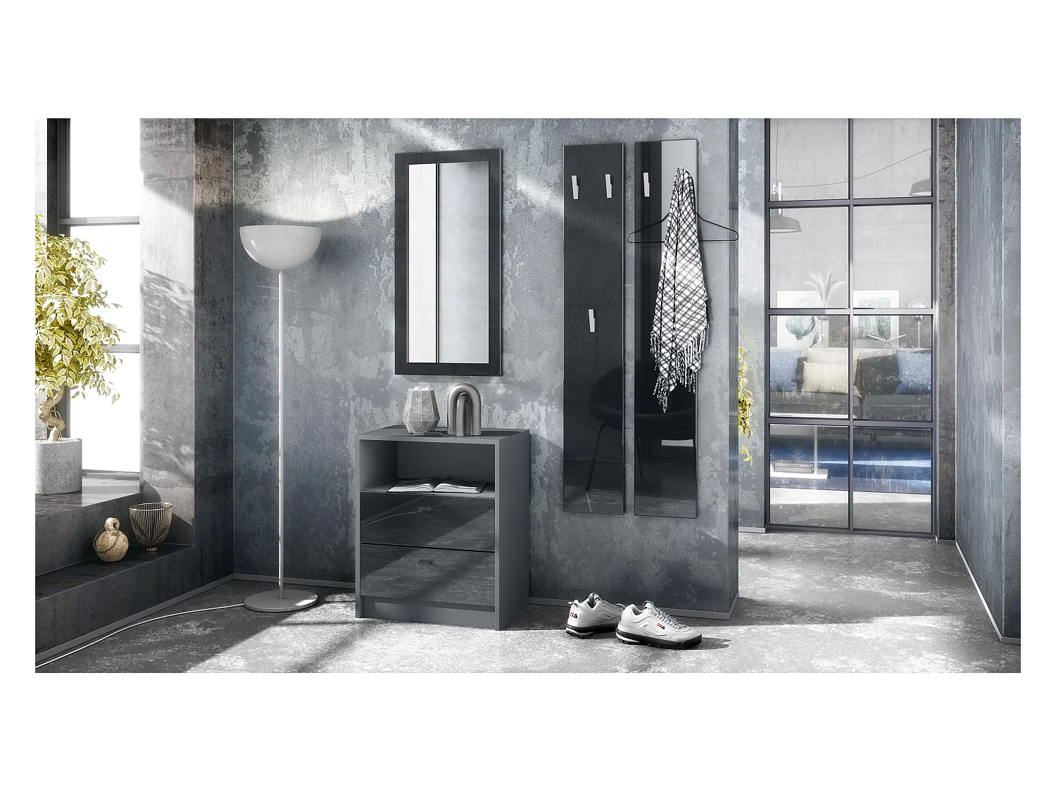 Ensemble de vestiaires Pino V1, 2 Panneaux muraux 140 cm et buffet avec 2 tiroirs & 1 compartiment ouvert, anthracite mat/noir brillant (56 x 67,5 x 36 cm)