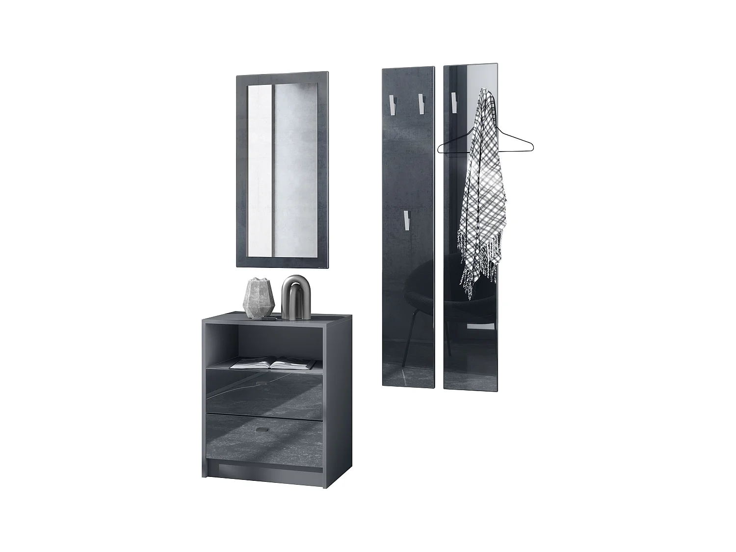 Ensemble de vestiaires Pino V1, 2 Panneaux muraux 140 cm et buffet avec 2 tiroirs & 1 compartiment ouvert, anthracite mat/noir brillant (56 x 67,5 x 36 cm)