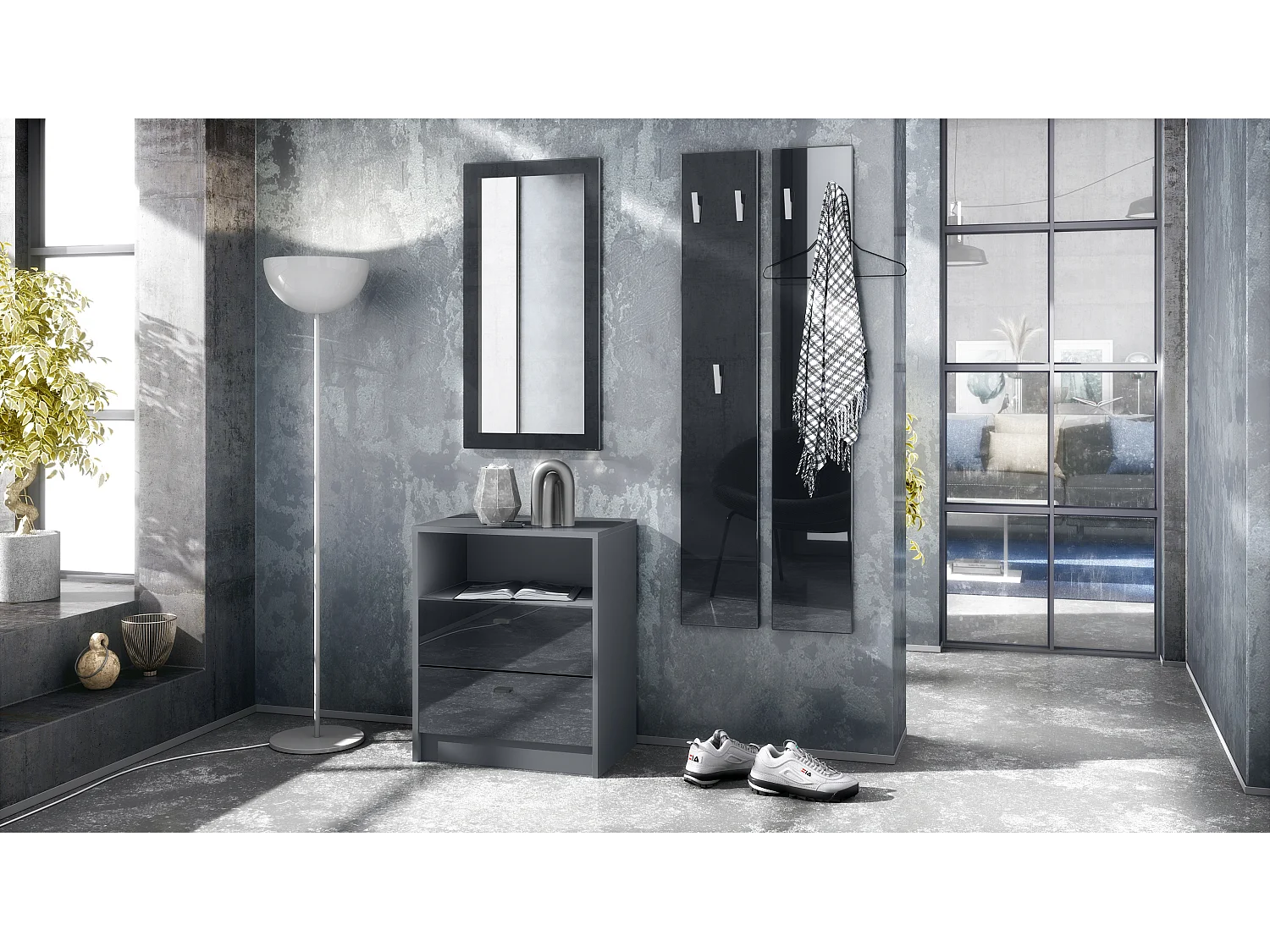 Ensemble de vestiaires Pino V1, 2 Panneaux muraux 140 cm et buffet avec 2 tiroirs & 1 compartiment ouvert, anthracite mat/noir brillant (56 x 67,5 x 36 cm)