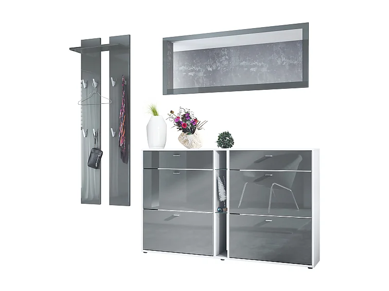 Conjunto de armario Orlando con zapatero, panel de pared y espejo de pared, blanco mate/gris de alto brillo