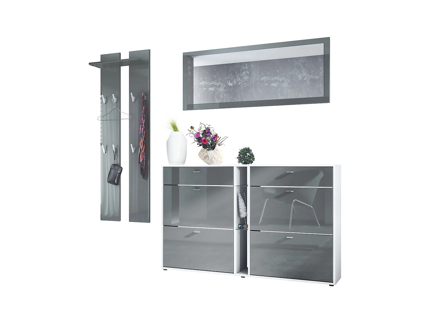 Ensemble vestiaire Orlando avec armoire à chaussures, panneau mural et miroir mural, blanc mat/gris haute brillance