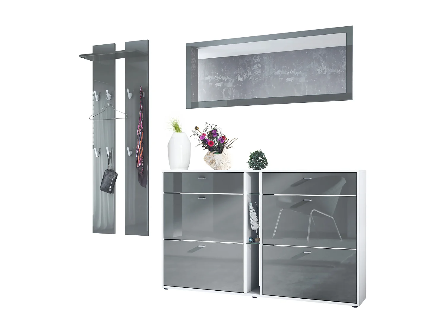 Ensemble vestiaire Orlando avec armoire à chaussures, panneau mural et miroir mural, blanc mat/gris haute brillance