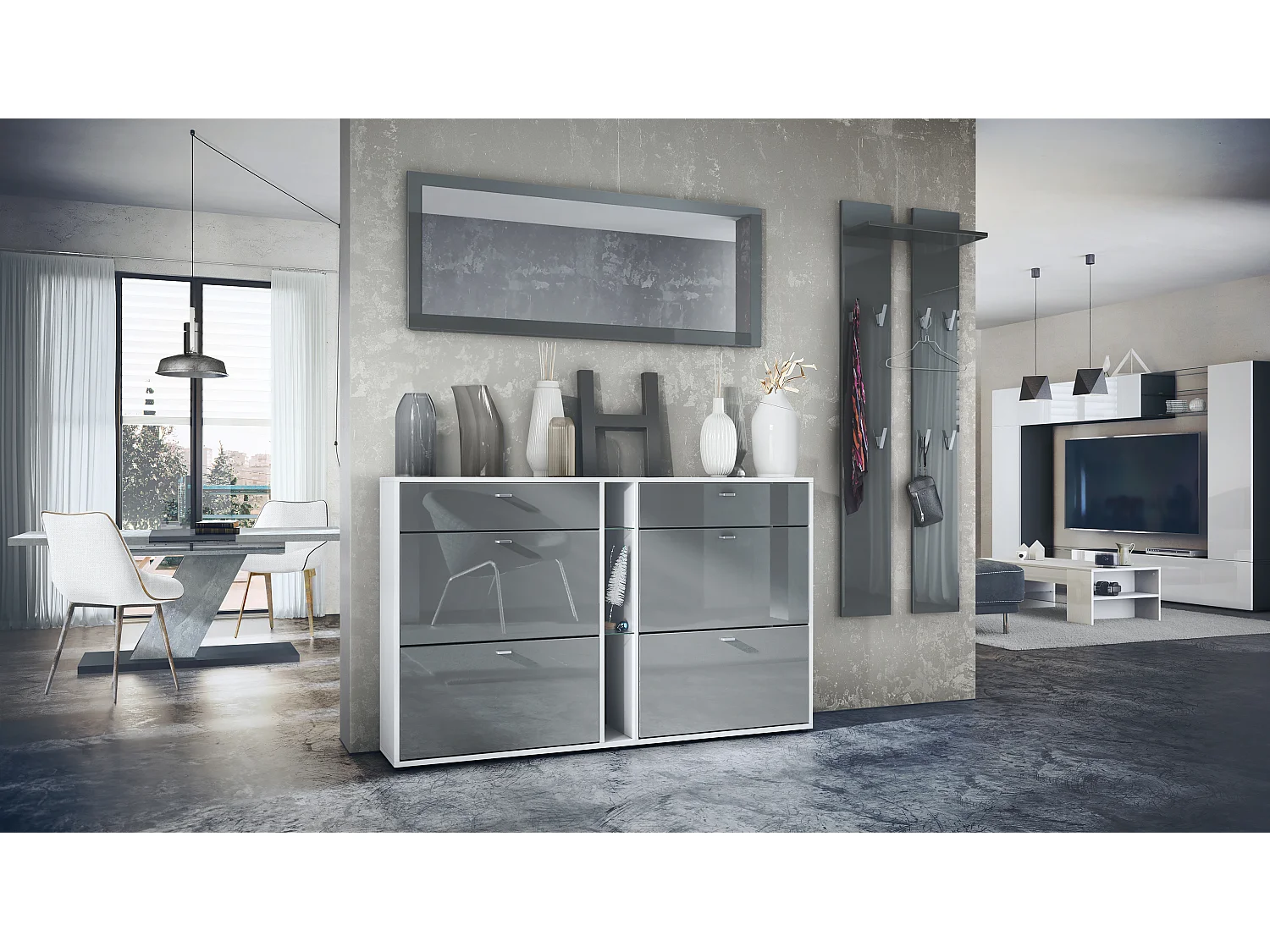 Ensemble vestiaire Orlando avec armoire à chaussures, panneau mural et miroir mural, blanc mat/gris haute brillance