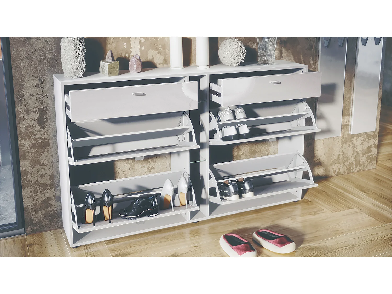 Ensemble vestiaire Orlando avec armoire à chaussures, panneau mural et miroir mural, blanc mat/gris haute brillance