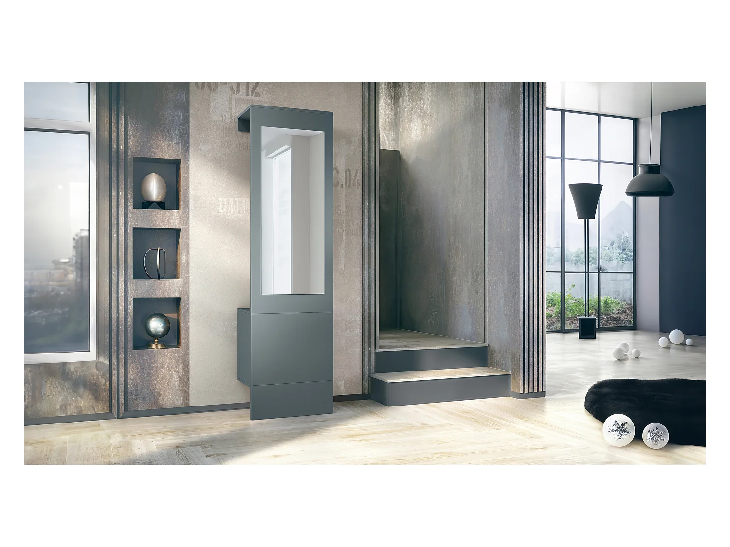 Garde-robe Carlton Neo, Porte-manteau mural avec panneau d'entrée, miroir, tringle à vêtements et armoire murale, Fjord vert (52 x 193 x 35 cm)