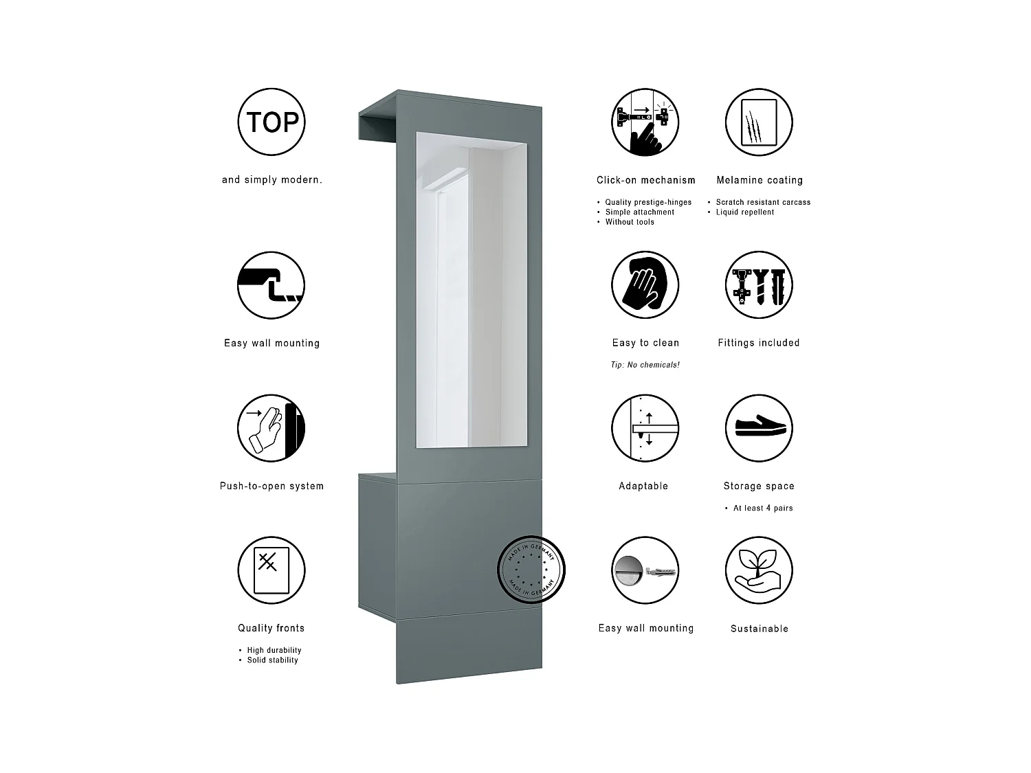 Garde-robe Carlton Neo, Porte-manteau mural avec panneau d'entrée, miroir, tringle à vêtements et armoire murale, Fjord vert (52 x 193 x 35 cm)