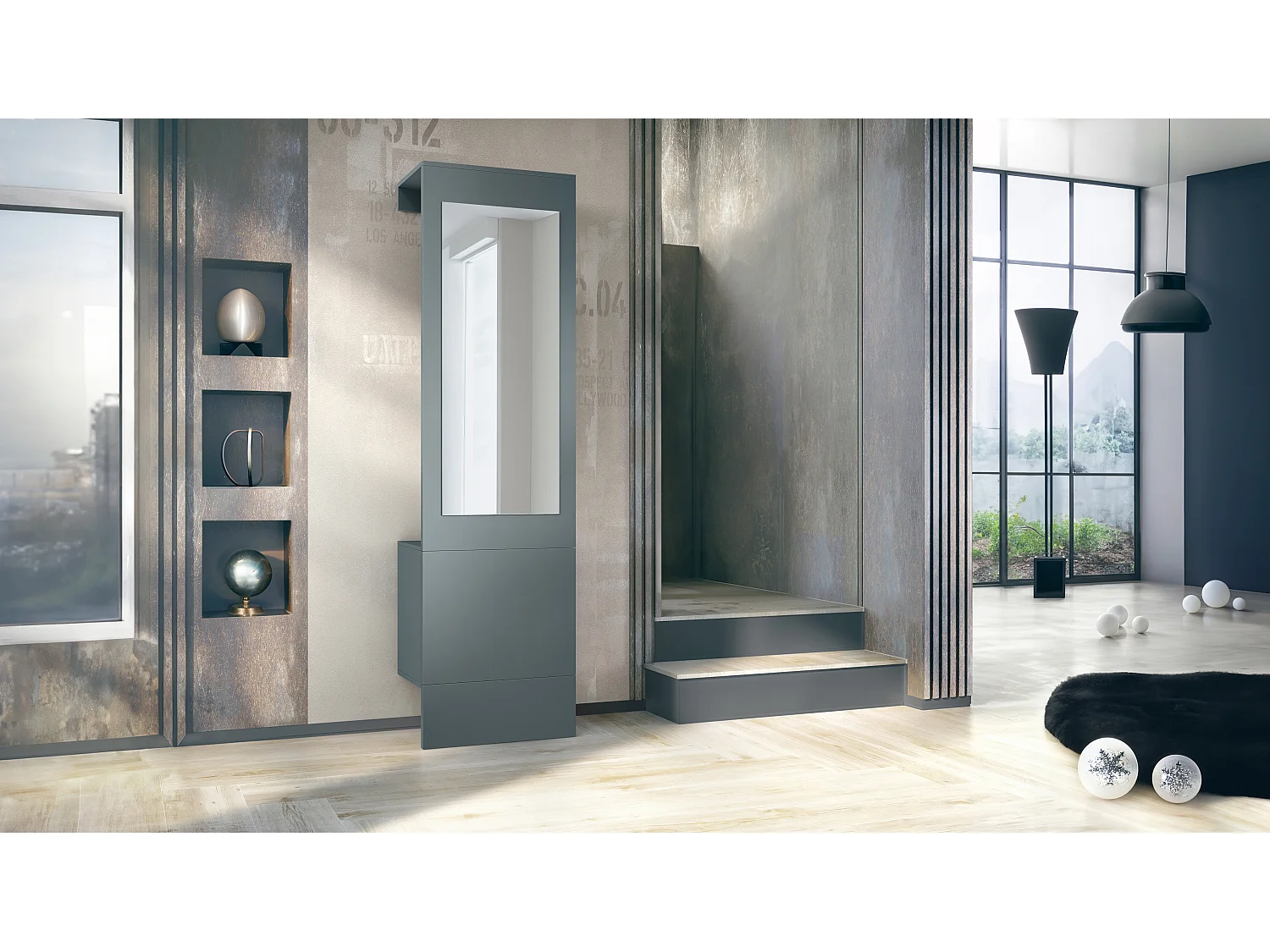 Garde-robe Carlton Neo, Porte-manteau mural avec panneau d'entrée, miroir, tringle à vêtements et armoire murale, Fjord vert (52 x 193 x 35 cm)