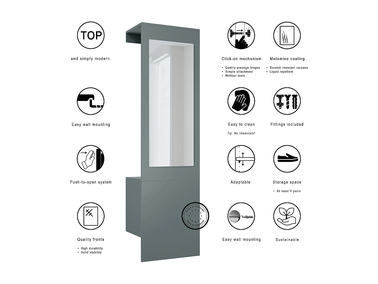 Garde-robe Carlton Neo, Porte-manteau mural avec panneau d'entrée, miroir, tringle à vêtements et armoire murale, Fjord vert (52 x 193 x 35 cm)
