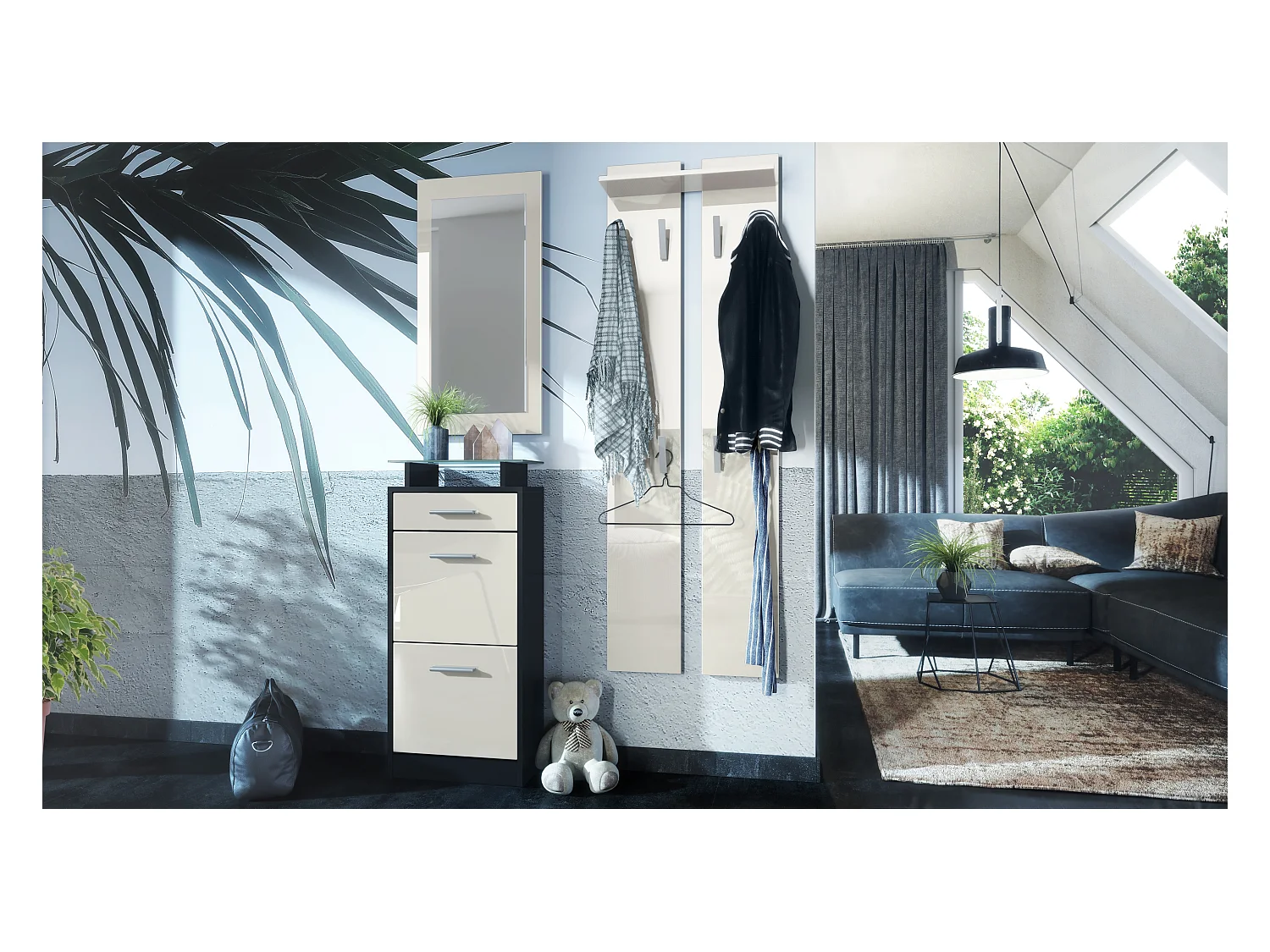 Ensemble de meubles d'entrée Loret V2 Mini, Corps en Noir mat / Façades en Crème haute brillance