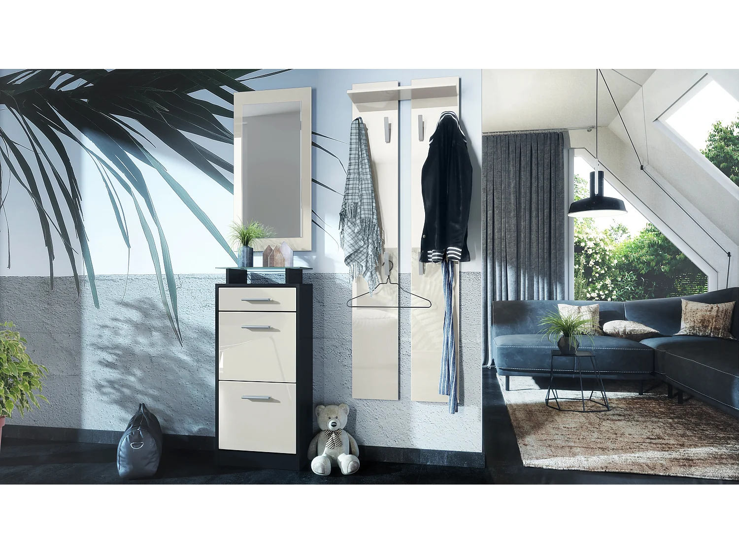 Ensemble de meubles d'entrée Loret V2 Mini, Corps en Noir mat / Façades en Crème haute brillance