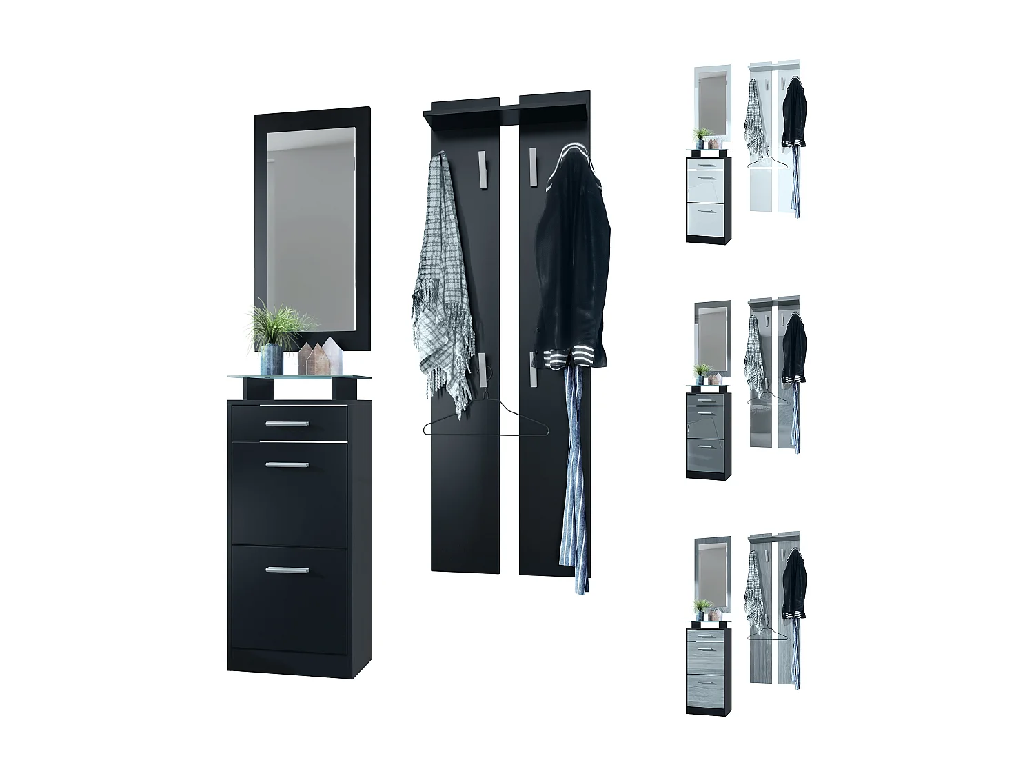 Ensemble de meubles d'entrée Loret V2 Mini, Corps en Noir mat / Façades en Crème haute brillance