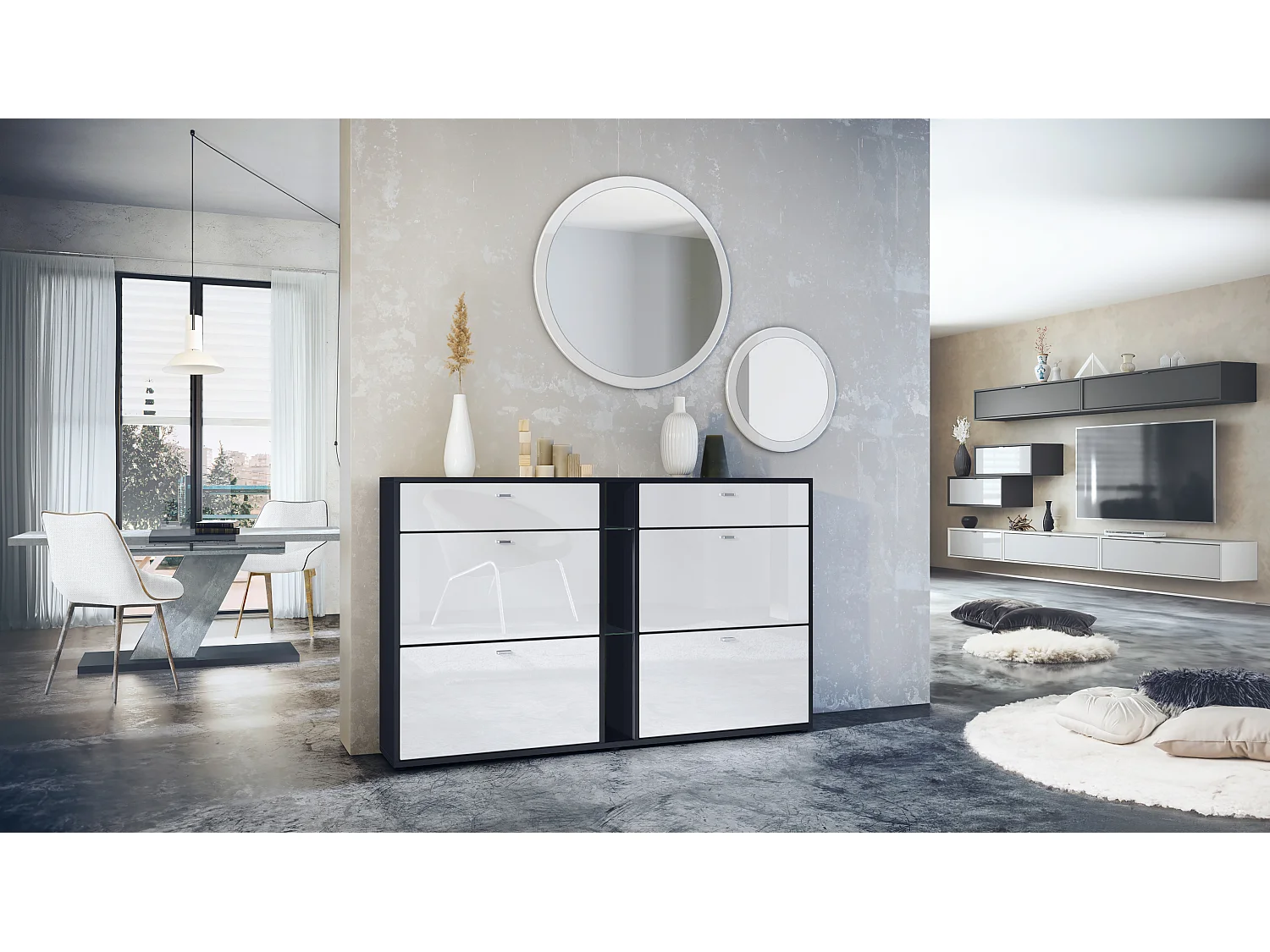 Ensemble de vestiaire Florence avec armoire à chaussures et 2 miroirs muraux, Fabriqué en ALLEMAGNE, noir mat/blanc haute brillance