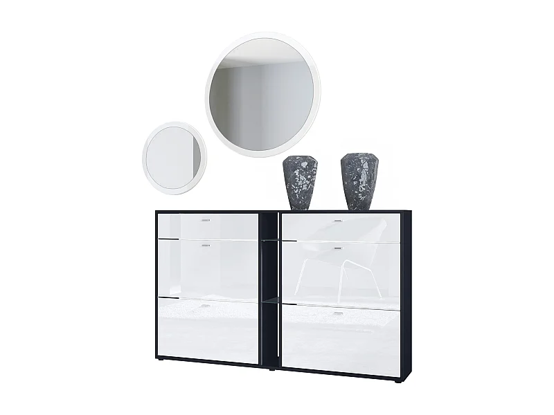 Ensemble de vestiaire Florence avec armoire à chaussures et 2 miroirs muraux, Fabriqué en ALLEMAGNE, noir mat/blanc haute brillance
