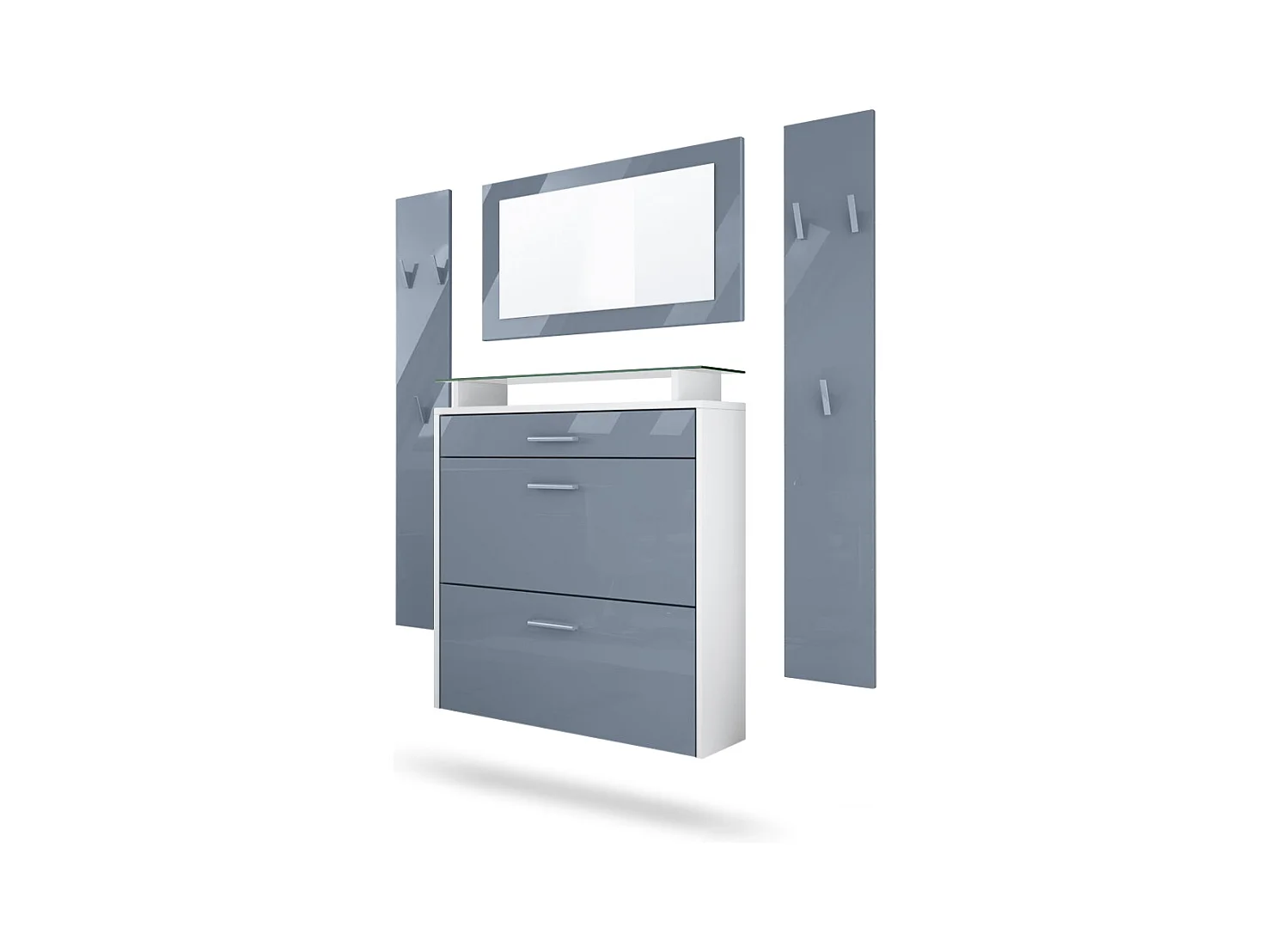 Penderie Malea, Meuble d’entrée comprenant 1 commode à chaussures murale, 1 miroir mural et 2 panneaux porte-manteaux, Blanc mat/Gris haute brillance
