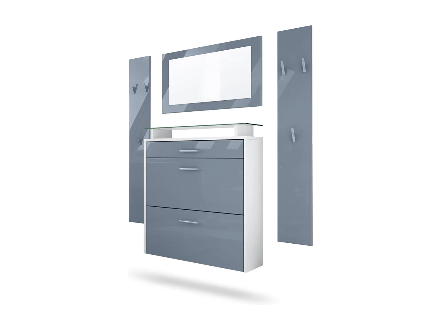 Penderie Malea, Meuble d’entrée comprenant 1 commode à chaussures murale, 1 miroir mural et 2 panneaux porte-manteaux, Blanc mat/Gris haute brillance