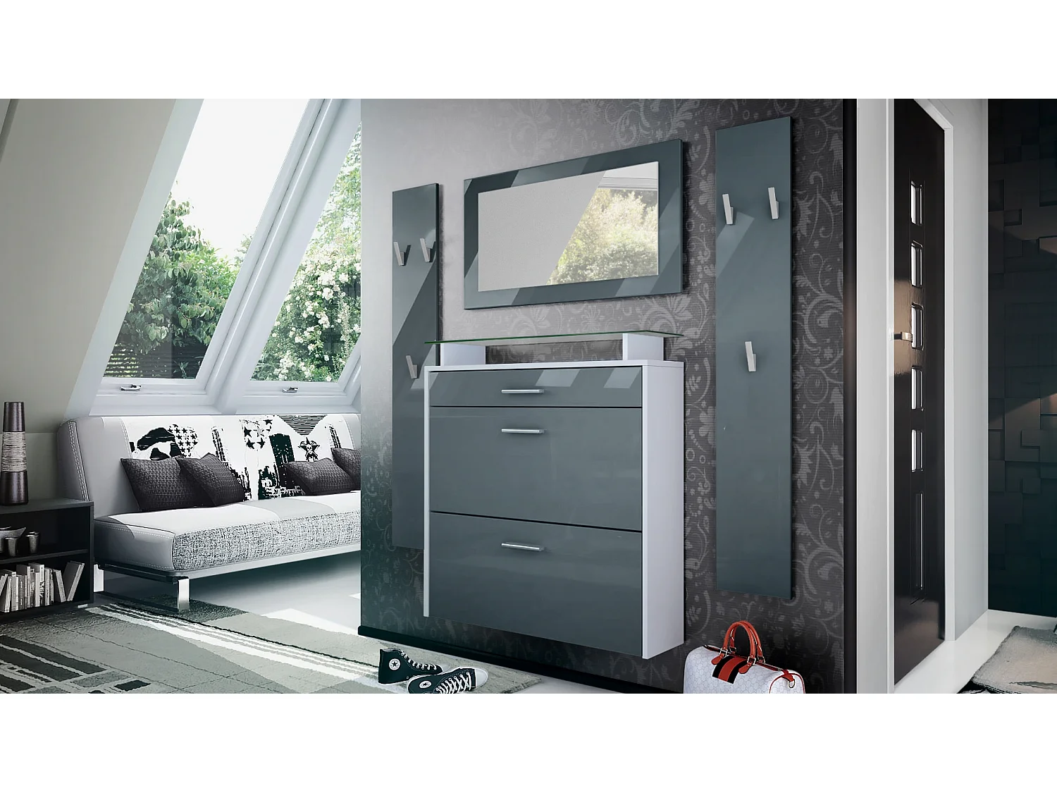 Penderie Malea, Meuble d’entrée comprenant 1 commode à chaussures murale, 1 miroir mural et 2 panneaux porte-manteaux, Blanc mat/Gris haute brillance