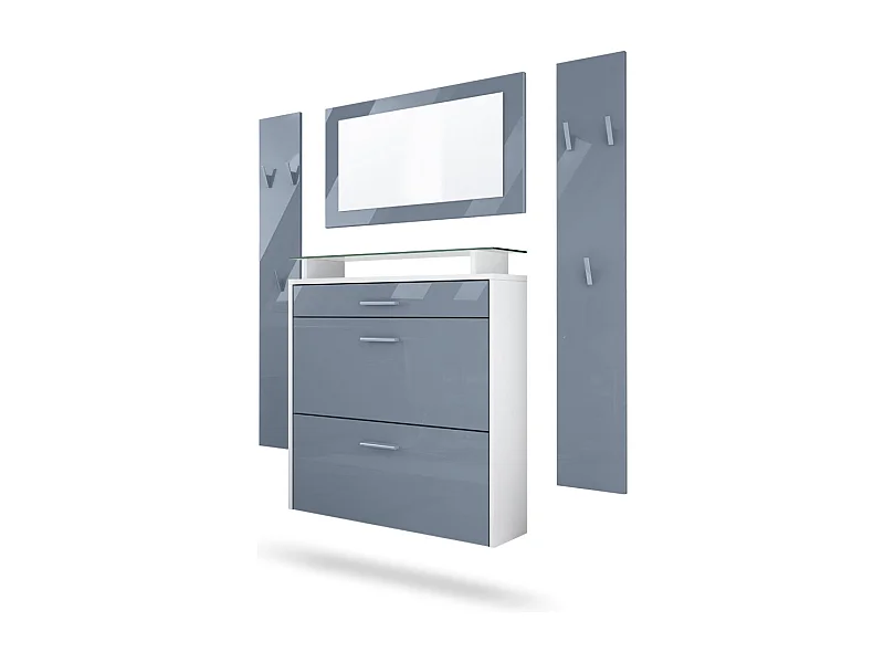 Set da corridoio  Malea, set da corridoio con 1 scarpiera a muro, 1 specchio a muro e 2 pannelli appendiabiti, bianco opaco/grigio lucido