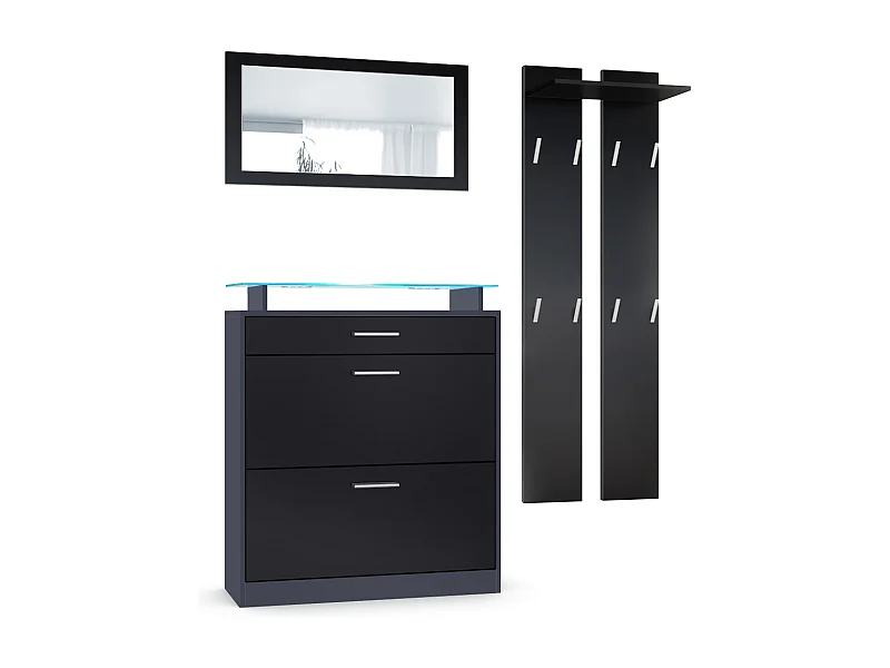 Loret Ensemble penderie, meuble à chaussures 89 x 104 x 23 cm avec miroir, 2 panneaux murales et éclairage LED Bleu, Anthracite mat & Noir mat