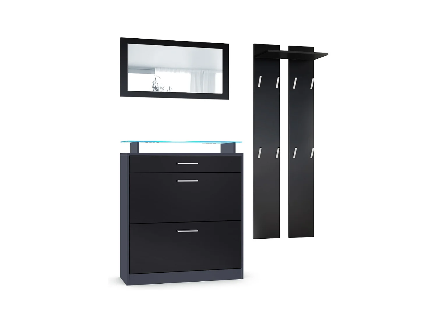 Loret Ensemble penderie, meuble à chaussures 89 x 104 x 23 cm avec miroir, 2 panneaux murales et éclairage LED Bleu, Anthracite mat & Noir mat