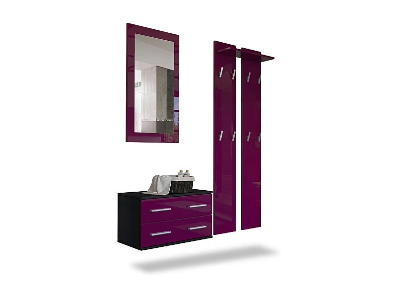 Ensemble de meubles d'entrée Kioto, Corps en Noir mat / Façades en Mûre haute brillance