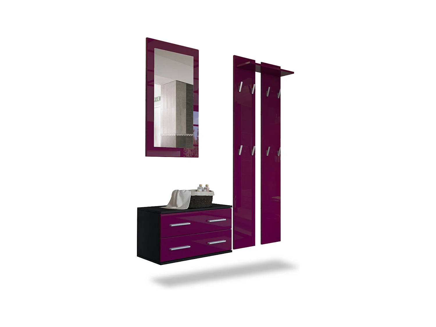 Ensemble de meubles d'entrée Kioto, Corps en Noir mat / Façades en Mûre haute brillance