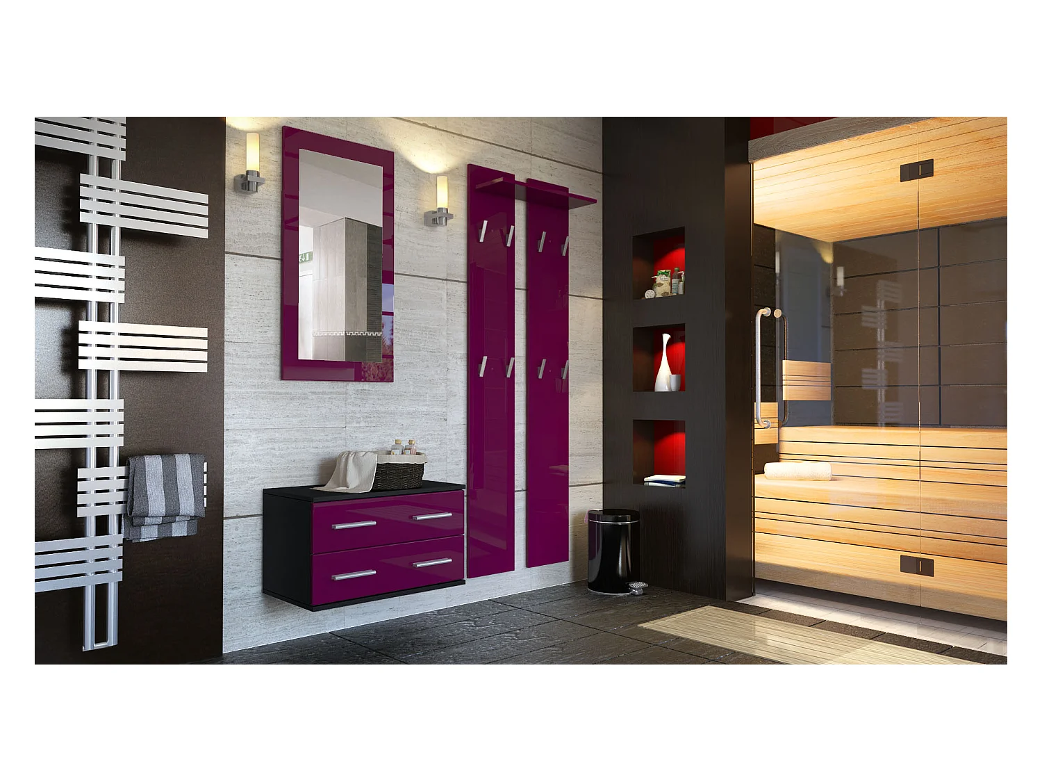 Ensemble de meubles d'entrée Kioto, Corps en Noir mat / Façades en Mûre haute brillance