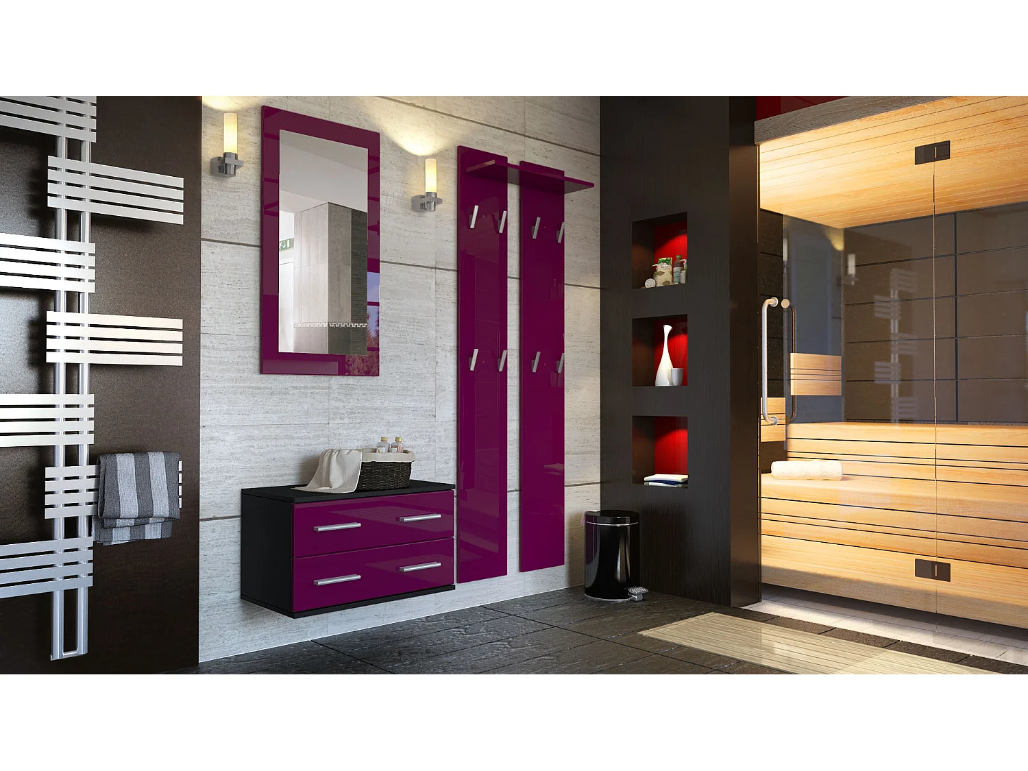 Ensemble de meubles d'entrée Kioto, Corps en Noir mat / Façades en Mûre haute brillance