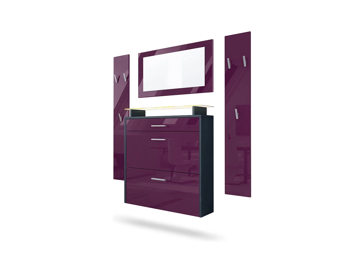 Penderie Malea, Meuble d’entrée comprenant 1 commode à chaussures murale, 1 miroir et 2 panneaux porte-manteaux, Anthracite mat/Mûre brillant, LED RVB inclus