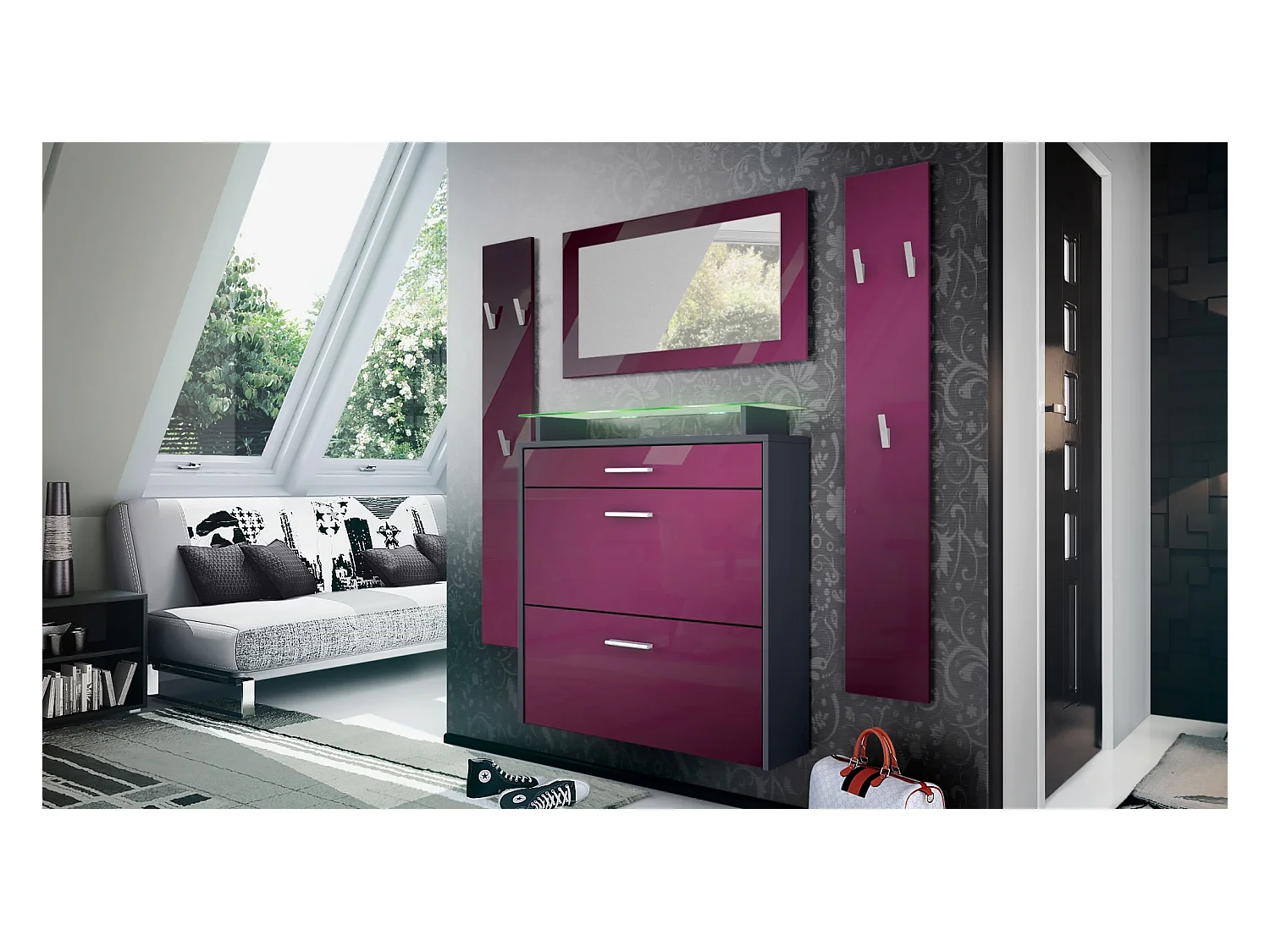 Penderie Malea, Meuble d’entrée comprenant 1 commode à chaussures murale, 1 miroir et 2 panneaux porte-manteaux, Anthracite mat/Mûre brillant, LED RVB inclus