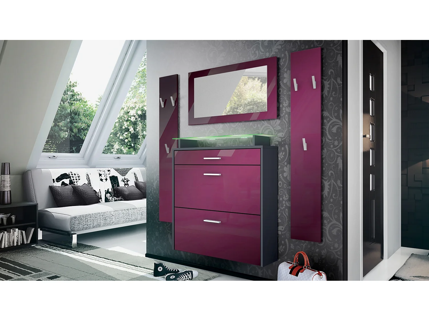 GARDEROBE Malea Fronten in Brombeer Hochglanz