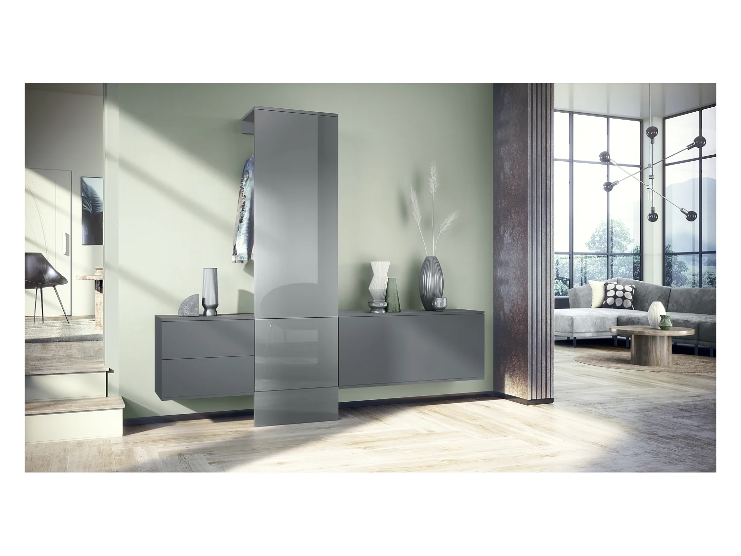 Ensemble de garde-robe  DualVista, composé de 1 panneau de porte-manteau, 1 armoire à tiroirs, 1 module de rangement et 2 miroirs, anthracite mat/gris brillant