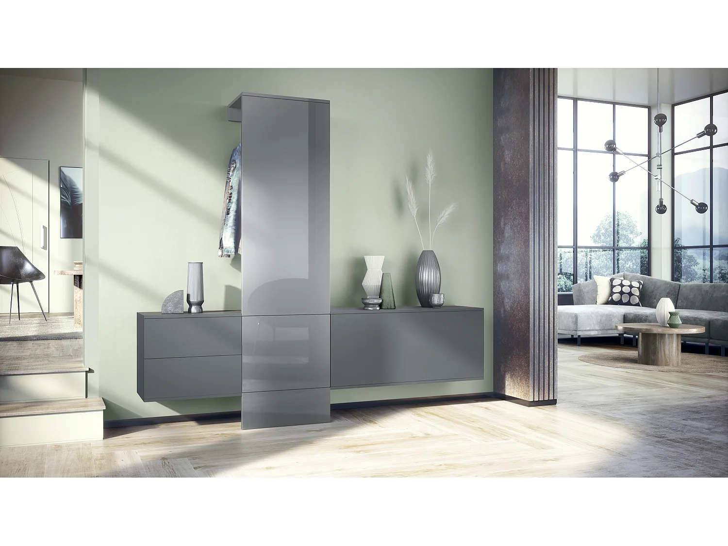 Ensemble de garde-robe  DualVista, composé de 1 panneau de porte-manteau, 1 armoire à tiroirs, 1 module de rangement et 2 miroirs, anthracite mat/gris brillant