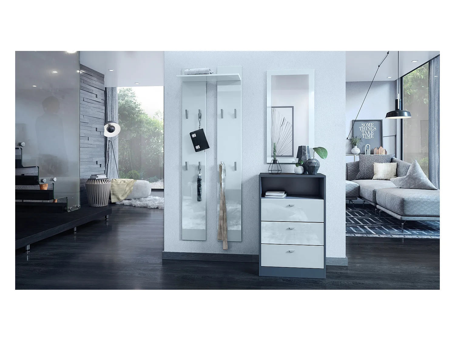 Panneau mural 170, Meuble porte-manteau composé de 2 panneaux et 1 étagère, blanc haute brillance (57 x 170 x 20 cm)