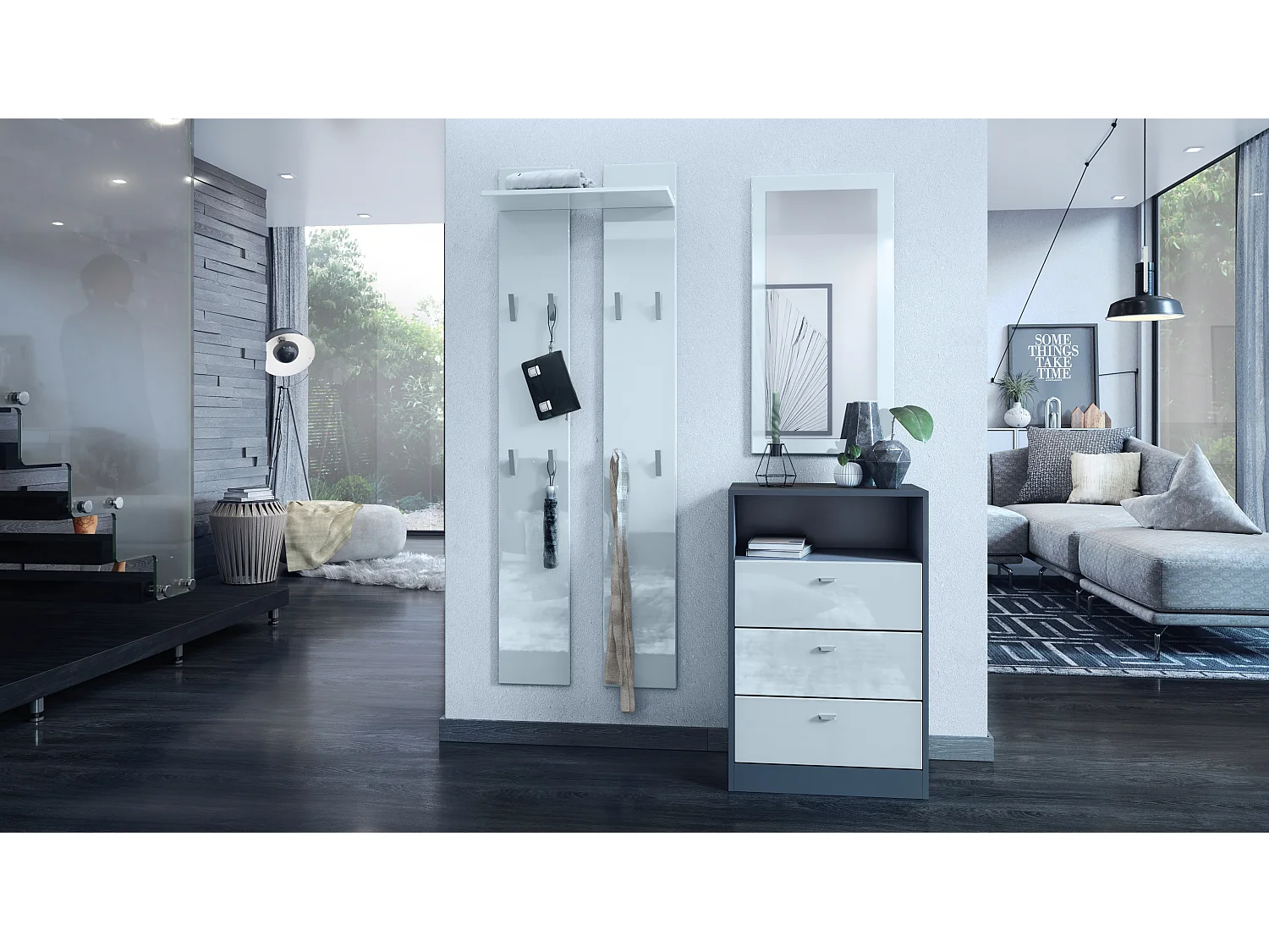 Panneau mural 170, Meuble porte-manteau composé de 2 panneaux et 1 étagère, blanc haute brillance (57 x 170 x 20 cm)