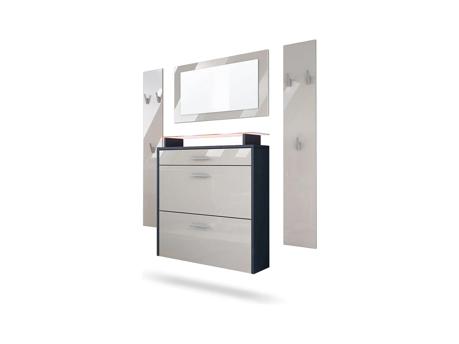 Penderie Malea, Meuble d’entrée comprenant 1 commode à chaussures, 1 miroir et 2 panneaux porte-manteaux, Anthracite mat/Gris sable brillant, LED RVB inclus