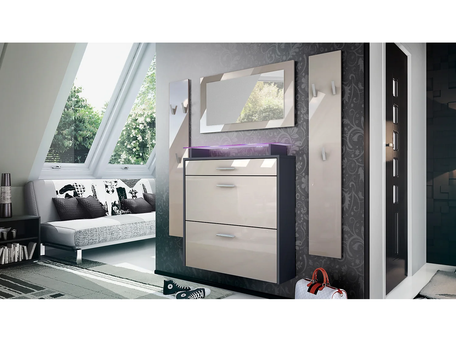 Penderie Malea, Meuble d’entrée comprenant 1 commode à chaussures, 1 miroir et 2 panneaux porte-manteaux, Anthracite mat/Gris sable brillant, LED RVB inclus